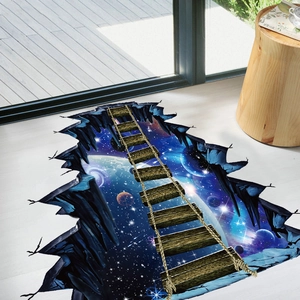3D space abyss floor sticker with wooden rope bridge and starry universe PVC decal