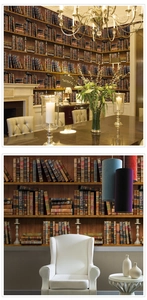 Detail showing vintage 3D library bookshelf wallpaper in dining and living room scenes