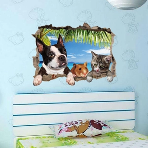 3D wall sticker detail showing cat dog and hamster with tropical beach breaking through wall