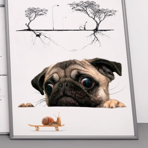 Creative Pug dog and snail on skateboard framed wall art for modern room decoration