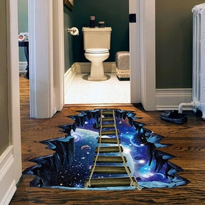 3D outer space floor sticker with cosmic planet and rope bridge on wooden flooring