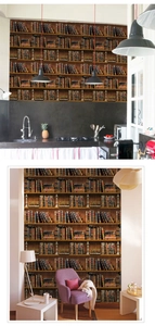 Macro view of vintage 3D bookshelf wallpaper applied in kitchen and living room settings