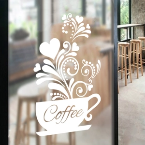 Kreativer weißer Kaffeetasse Wandaufkleber mit Blumenherzen und Coffee Text für Cafés
