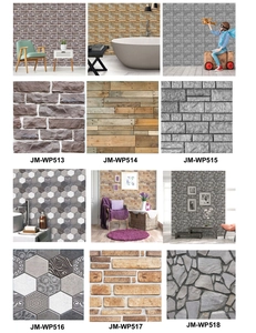 Detail view of six self-adhesive brick and wood texture wall stickers for home decor