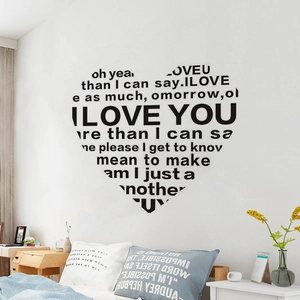 Detail of heart-shaped wall sticker with I LOVE YOU quotes for romantic room decor