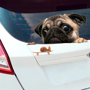 3D pug dog peeping car decal with cute snail on skateboard vinyl wall sticker set