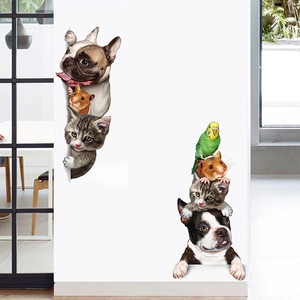 Close-up of 3D creative cartoon cat and dog wall stickers on a minimalist white room wall