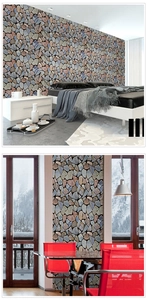 Detailed view of 3D pebble stone wallpaper applied to bedroom and dining room walls