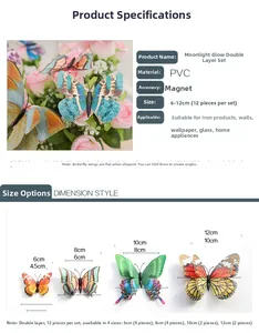 Detailed size guide for 12pcs 3D double-layer luminous butterfly wall stickers with magnets
