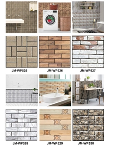 Macro detail of various 3D vintage brick and marble wall stickers in home scenarios