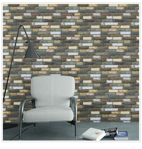 Detailed texture of 3D faux stone brick wallpaper in a modern living room setting