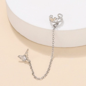 Elegant silver butterfly tassel ear cuff with zircon link chain for women