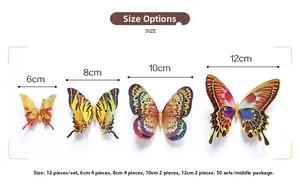 Guide des tailles pour papillons 3D dorés montrant des envergures allant de 6cm à 12cm