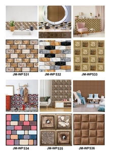 Collage of self-adhesive 3D brick and marble wall stickers in various interior settings