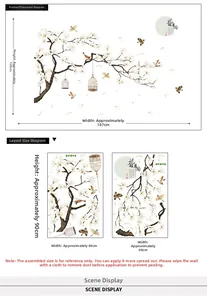 Detail showing dimensions 187x128cm for floral wall decal with birds and cage