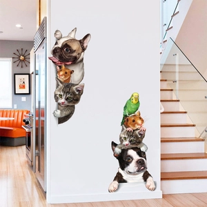 3D realistic cartoon pet wall stickers featuring dogs and cats for home corner decoration