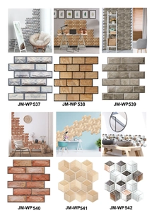 Collection of 3D self-adhesive wall panels showing various brick and marble textures