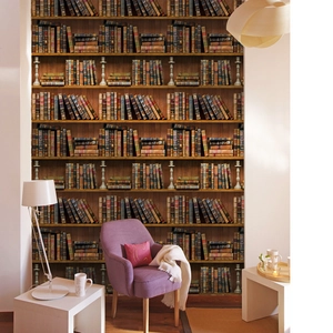3D vintage dark brown bookshelf wallpaper for living room and library wall decor