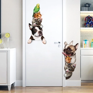 3D cartoon animal wall stickers featuring cute pets on a white door for room decoration