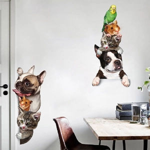 Detailed 3D cat and dog wall decals on white wall showing realistic fur textures and shadows