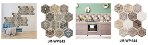 Detail showing hexagonal self-adhesive tile stickers for kitchen and living room decor