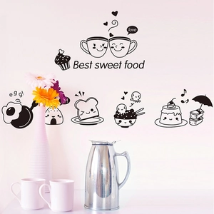 Detail showing cute cartoon coffee and dessert wall stickers in a cozy kitchen setting