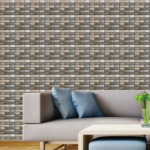 Detailed view of 3D brick wall stickers in grey and beige for living room decor