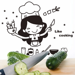 Cartoon chef girl wall sticker with Like Cooking text for kitchen and fridge decoration
