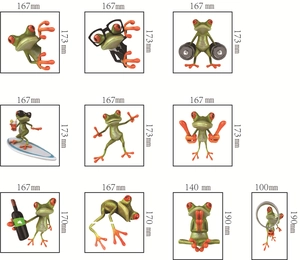 Detailed grid of 10 funny 3D cartoon frog decals with precise dimensions and sizes