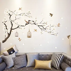 Chinese Style Magnolia Flower Branch Birdcage Wall Sticker PVC Removable Home Decor Living Room Bedroom Mural Art Sticker