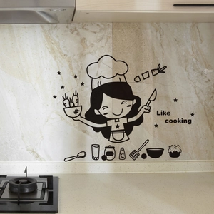 Detail of cute girl chef wall sticker with Like cooking text on kitchen tiles