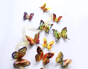 Détail de stickers muraux papillons 3D double couche avec motifs colorés et ruban doré