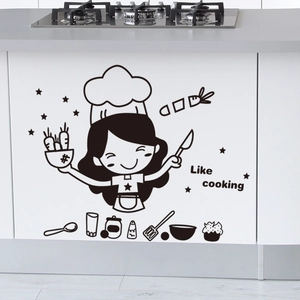 Removable self-adhesive chef girl wall sticker with Like Cooking text for kitchen decor