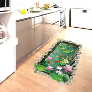 3D koi pond floor sticker with lotus flowers and water ripples for home decoration