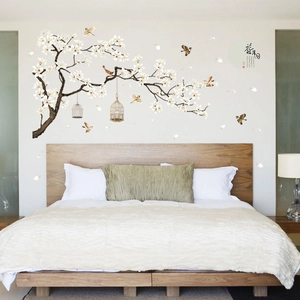 Elegant Chinese ink style floral wall decal with blooming branches and birds for home decor
