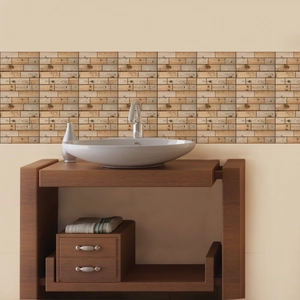 Detailed macro view of wood grain mosaic tiles in a modern bathroom wall setting