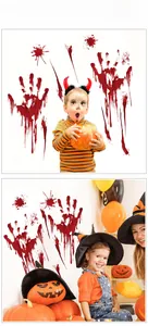 Detail showing red bloody handprint wall decals for Halloween home decoration scene