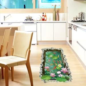 Detailed view of 3D koi pond floor sticker with lotus and pebbles in kitchen