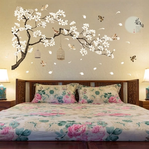 Elegant Chinese magnolia flower wall decal with birds and cage for bedroom decor
