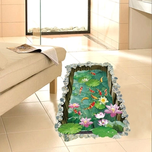 Detailed 3D floor sticker showing colorful koi fish swimming in a pond with lotus flowers