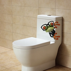 3D cartoon frog sticker with glasses and suit peeking from a white toilet tank