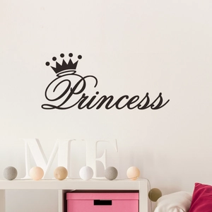 Detail showing black Princess crown wall decal sticker on a clean white bedroom wall