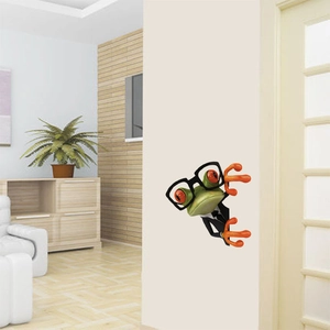 Funny 3D frog wall sticker wearing glasses and suit peeking from a modern living room corner