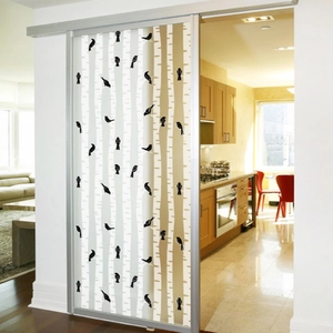 Frosted window film with birch tree and bird silhouettes for privacy and home decor