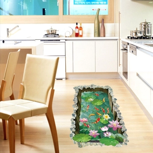 3D koi fish pond floor sticker with pink lotuses and green leaves for home decor