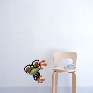 Close-up of 3D funny green frog in black suit wall sticker for home and car decor