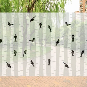 Frosted window film with birch trees and birds pattern for home privacy decoration