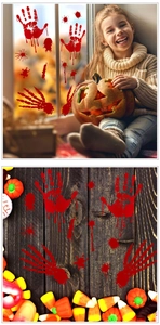 Halloween bloody handprint window clings set with bone decals and blood splatters