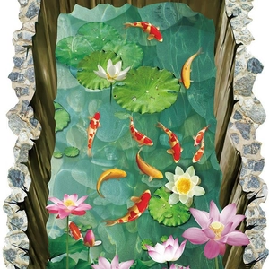 3D koi fish pond floor sticker with lotus flowers and stones for home decoration