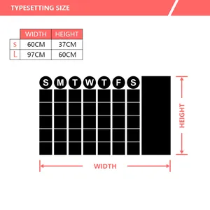 Size chart showing dimensions for self-adhesive monthly calendar blackboard wall stickers